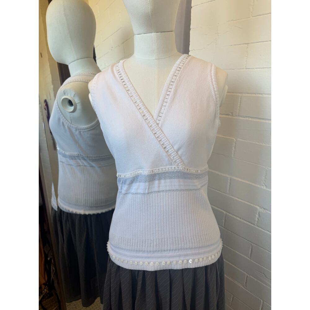CACHE Y2K White Beaded Tank Top Size Large